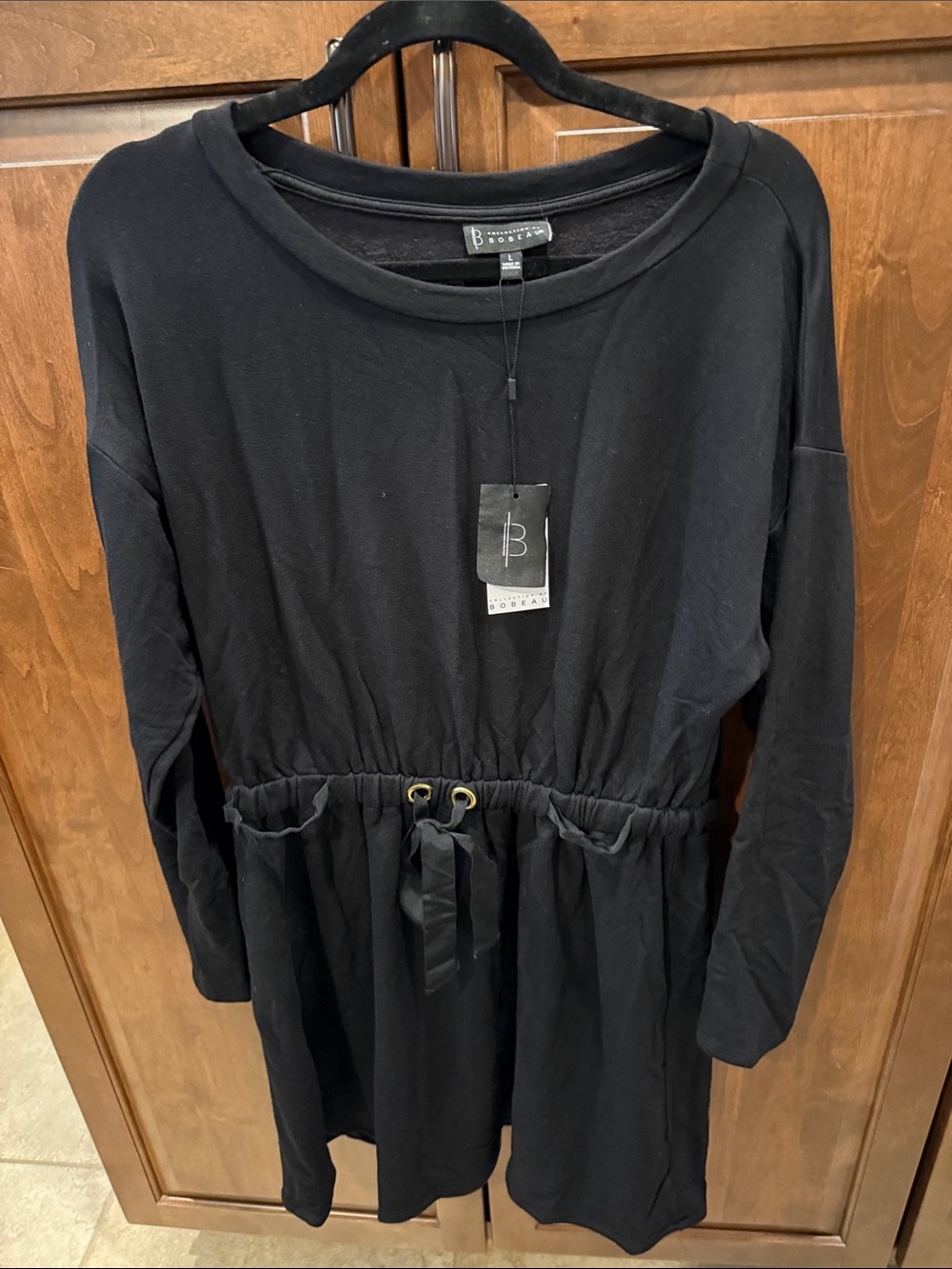 bobeau Black Long Sleeve Drawstring-Waist Knit Dress
